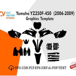 Könnte beinhalten: Eine schwarze Grafikvorlage für ein Yamaha YZ250F-450 Motorrad (2006-2009). Die Vorlage enthält verschiedene Teile der Karosserie des Motorrads, mit dem Text "Yamaha YZ250F-450 (2006-2009) Graphics Template".