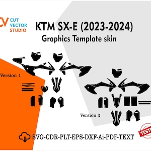Könnte beinhalten: Ein schwarzes Grafik-Template-Skin für KTM SX-E (2023-2024) Motorräder. Das Bild zeigt zwei Versionen des Templates, mit dem Cut Vector Studio-Logo oben links. Der Text "SVG-CDR-PLT-EPS-DXF-Ai-PDF-TEXT" ist ebenfalls enthalten.