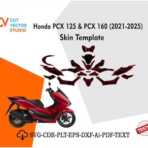 Może przedstawiać: Czerwony skuter Honda PCX 125 & PCX 160 (2021-2025) z projektem szablonu skóry. Obraz zawiera tekst "Cut Vector Studio" i "Skin Template". Projekt jest dostępny w formatach SVG, CDR, PLT, EPS, DXF, Ai i PDF.