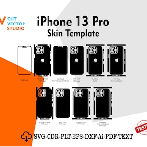 Op de afbeelding: Een witte en oranje afbeelding met de tekst "CUT VECTOR STUDIO" en "iPhone 13 Pro Skin Template". De afbeelding toont zwarte sjablonen voor telefoonskins, inclusief volledige voor-, achter- en wikkelontwerpen. De tekst "SVG-CDR-PLT-EPS-DXF-Ai-PDF-TEXT" is ook aanwezig.