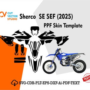 Op de afbeelding: Een afbeelding met een zwart-wit PPF skin template voor een Sherco SE SEF (2025) motorfiets. De afbeelding bevat een blauw-witte motorfiets en de tekst "Cut Vector Studio". De template is voor SVG, CDR, PLT, EPS, DXF, Ai en PDF formaten.