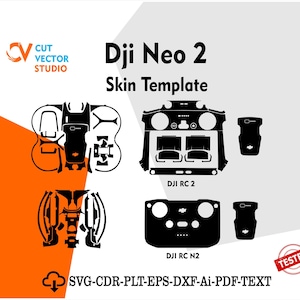 Op de afbeelding: Zwarte skin-sjabloon voor Dji Neo 2, met uitsparingen voor DJI RC 2 en DJI RC N2 controllers. Inclusief een "Getest" stempel en de tekst "SVG-CDR-PLT-EPS-DXF-Ai-PDF-TEXT". Het Cut Vector Studio logo staat linksboven.