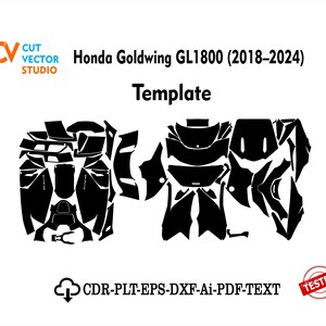 Pode incluir: Um modelo vetorial preto para uma motocicleta Honda Goldwing GL1800 (2018-2024), apresentando várias formas de painéis de carroceria. A imagem inclui o texto 'CV CUT VECTOR STUDIO', 'Honda Goldwing GL1800 (2018-2024)', 'Template' e 'CDR-PLT-EPS-DXF-Ai-PDF-TEXT'.