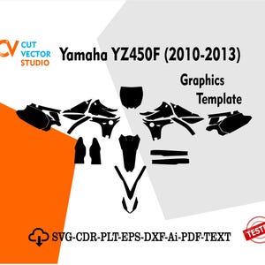 May include: Black graphics template for a Yamaha YZ450F motorcycle model years 2010-2013. The image includes the Cut Vector Studio logo, file type information, and a "Tested" stamp.