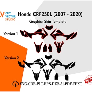 以下が含まれることがあります： ホンダCRF250L（2007～2020年）用の黒と赤のグラフィック・スキン・テンプレート。画像には2つのデザインバージョンとファイルタイプのオプションが表示されています。「Cut Vector Studio」のテキストも表示されています。