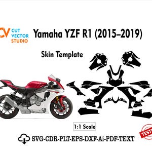 以下が含まれることがあります： 赤、白、黒のヤマハYZF R1オートバイのスキンテンプレート。対応するオートバイの画像があります。「Yamaha YZF R1 (2015-2019)」と「Skin Template」のテキスト。ファイルタイプのアイコンと「Tested」スタンプが含まれています。
