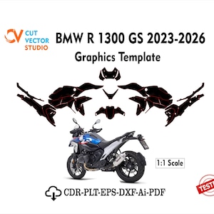 以下が含まれることがあります： BMW R 1300 GS 2023-2026 オートバイ用のデジタルグラフィックテンプレート。画像には、赤い輪郭を持つ黒いデカール形状、オートバイの側面図、および Cut Vector Studio、1:1 Scale、CDR-PLT-EPS-DXF-Ai-PDF ファイル形式を含むテキストが表示されています。