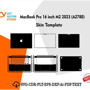 Puede incluir: Una plantilla de piel negra para un MacBook Pro de 16 pulgadas M2 2023 (A2780). La plantilla incluye contornos para la parte superior, el teclado y la parte inferior del portátil. La imagen también incluye el texto "CUT VECTOR STUDIO" y "Skin Template".