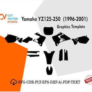 May include: A black graphics template for a Yamaha YZ125-250 motorcycle, model years 1996-2001. The image includes the Cut Vector Studio logo, file type information, and a "Tested" stamp. The template is displayed on a white and orange background.