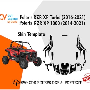Può includere: Un veicolo side-by-side Polaris RZR XP Turbo (2016-2021) e Polaris RZR XP 1000 (2014-2021) rosso e nero. L'immagine include un design del modello di skin e il testo "Skin Template" e "SVG-CDR-PLT-EPS-DXF-Ai-PDF-TEXT".