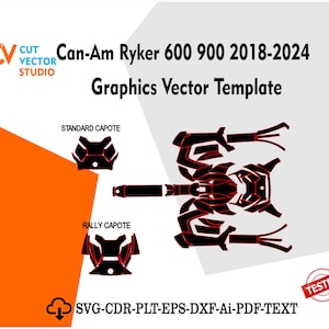 May include: A vector template for Can-Am Ryker 600 and 900 models from 2018 to 2024. The design includes graphics for standard and rally capotes, along with other vehicle components. The image features the text "Can-Am Ryker 600 900 2018-2024 Graphics Vector Template".