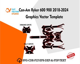 May include: A vector template for Can-Am Ryker 600 and 900 models from 2018 to 2024. The design includes graphics for standard and rally capotes, along with other vehicle components. The image features the text "Can-Am Ryker 600 900 2018-2024 Graphics Vector Template".