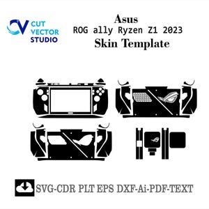 Könnte beinhalten: Schwarze Skin-Vorlage für das Asus ROG Ally Ryzen Z1 2023, mit Aussparungen für die Gerätekomponenten. Enthält den Text "Asus ROG ally Ryzen Z1 2023 Skin Template" und "SVG-CDR PLT EPS DXF-Ai-PDF-TEXT".