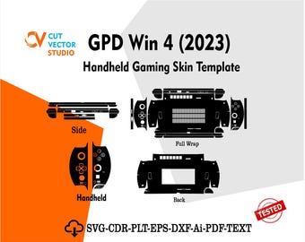 May include: Black and white template for a GPD Win 4 (2023) handheld gaming skin. The image shows the side, full wrap, back, and handheld sections of the skin. The text "GPD Win 4 (2023) Handheld Gaming Skin Template" is visible.