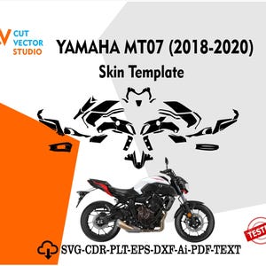 以下が含まれることがあります： 白、黒、赤のヤマハMT07オートバイのスキンテンプレート。画像にはオートバイ、黒いスキンテンプレートのセット、およびテキスト「YAMAHA MT07（2018-2020）Skin Template」が含まれています。画像には「SVG-CDR-PLT-EPS-DXF-Ai-PDF-TEXT」というテキストも含まれています。