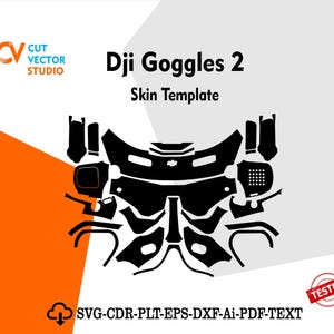 Peut inclure: Gabarit de peau noir et blanc pour DJI Goggles 2, avec diverses formes découpées. L'image comprend le texte "Dji Goggles 2 Skin Template" et "Cut Vector Studio". Un tampon rouge "Tested" est visible.