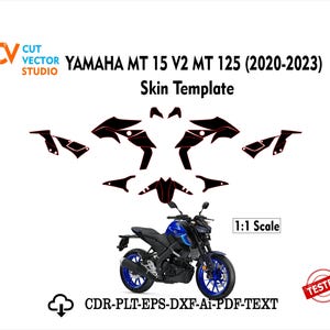 Può includere: Su sfondo bianco, un modello di skin nero e rosso per una moto Yamaha MT 15 V2 MT 125. L'immagine include una moto blu e nera e il testo "YAMAHA MT 15 V2 MT 125 (2020-2023) Skin Template".
