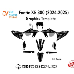 May include: A black vector graphics template for a Fantic XE 300 (2024-2025) motorcycle, featuring various body panel shapes. The image includes the text Cut Vector Studio, Fantic XE 300 (2024-2025) Graphics Template, 1:1 Scale, and CDR-PLT-EPS-DXF-Ai-PDF.
