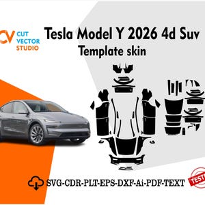 May include: A gray Tesla Model Y 2026 4d SUV is shown next to a black template skin. The image includes the text "Tesla Model Y 2026 4d Suv Template skin" and "SVG-CDR-PLT-EPS-DXF-Ai-PDF-TEXT". The logo for Cut Vector Studio is in the upper left corner.