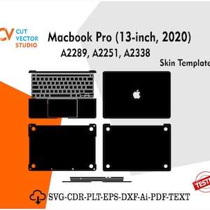 Può includere: Modello di skin nera per un modello Macbook Pro da 13 pollici (2020). Il modello include ritagli per la tastiera, la cover superiore, la cover inferiore e il trackpad. L'immagine include anche il testo "Macbook Pro (13 pollici, 2020)" e "Skin Template".