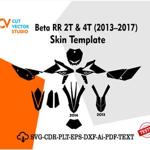May include: A black and white skin template for Beta RR 2T & 4T motorcycles from 2013-2017. The design includes various parts of the motorcycle, with the years 2013 and 2014 visible. The image also includes the text "SVG-CDR-PLT-EPS-DXF-Ai-PDF-TEXT".