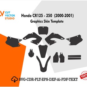 May include: A black graphics skin template for a Honda CR125-250 (2000-2001) motorcycle. The design includes various shaped panels and the text "Honda CR125-250 (2000-2001) Graphics Skin Template". The image also includes the text "SVG-CDR-PLT-EPS-DXF-Ai-PDF-TEXT".