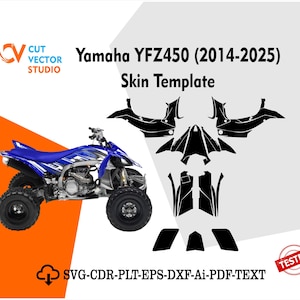 Puede incluir: Un quad Yamaha YFZ450 azul y plateado con una plantilla de diseño. La imagen incluye el texto "Yamaha YFZ450 (2014-2025) Skin Template" y "SVG-CDR-PLT-EPS-DXF-Ai-PDF-TEXT". El quad está sobre un fondo naranja y blanco.