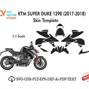 May include: A black KTM Super Duke 1290 motorcycle skin template with a 1:1 scale, and a motorcycle in the image. The image includes the text "KTM SUPER DUKE 1290 (2017-2018) Skin Template" and "SVG-CDR-PLT-EPS-DXF-Ai-PDF-TEXT".