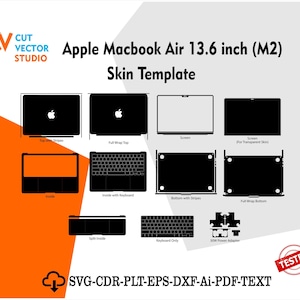 以下が含まれることがあります： Apple Macbook Air 13.6インチ (M2) 用スキンテンプレートのグラフィック。テンプレートには、上部、下部、画面、キーボードのデザインが含まれています。「Apple Macbook Air 13.6 inch (M2) Skin Template」のテキストが表示されています。