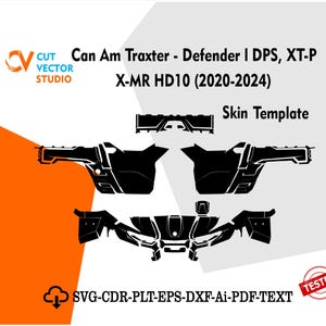 Può includere: Design di template skin in bianco e nero per Can Am Traxter Defender I DPS, XT-P X-MR HD10 (2020-2024). Il design presenta contorni di componenti del veicolo, con il testo "Skin Template" e "SVG-CDR-PLT-EPS-DXF-Ai-PDF-TEXT".