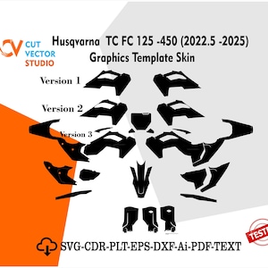 Könnte beinhalten: Ein grafisches Vorlagenskin für Husqvarna TC FC 125-450 (2022.5-2025) Motorräder. Das Bild zeigt schwarze Ausschnitte, gekennzeichnet als Version 1, Version 2 und Version 3, vor einem grauen Hintergrund mit orangefarbenen Akzenten. Enthält SVG-CDR-PLT-EPS-DXF-Ai-PDF-TEXT.