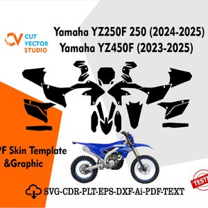 Könnte beinhalten: Ein blau-silbernes Yamaha YZ250F Motorrad mit einer schwarzen Grafikvorlagen-Überlagerung. Das Bild enthält Text für Yamaha YZ250F 250 (2024-2025) und Yamaha YZ450F (2023-2025). Der Text "PPF Skin Template & Graphic" ist ebenfalls enthalten.
