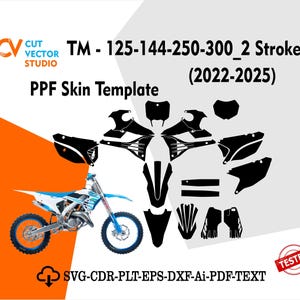 Könnte beinhalten: Grafik mit einem Motorrad und einer PPF-Skin-Vorlage. Der Text lautet "TM - 125-144-250-300_2 Stroke (2022-2025)" und "PPF Skin Template". Das Bild zeigt ein blau-weißes Motorrad.