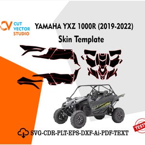 Può includere: Immagine di un veicolo side-by-side Yamaha YXZ 1000R (2019-2022) con un modello di skin nero. Il modello di skin ha contorni rossi. Il veicolo è grigio e nero. Il testo "CUT VECTOR STUDIO" e "TESTED" è incluso.