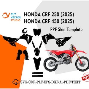Könnte beinhalten: Ein rotes Honda CRF 250 (2025) und CRF 450 (2025) Motorrad mit schwarzer PPF-Skin-Vorlage. Das Bild enthält ein Motorrad und schwarze Vektorvorlagen. Der Text enthält "Cut Vector Studio" und "Tested".