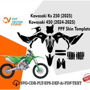 Könnte beinhalten: Ein grünes Kawasaki KX 250 Motorrad mit einer PPF-Skin-Vorlage. Das Bild enthält den Text "Kawasaki Kx 250 (2025)" und "Kawasaki 450 (2024-2025)". Das Bild enthält auch den Text "SVG-CDR-PLT-EPS-DXF-Ai-PDF-TEXT".
