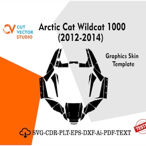 Può includere: Un modello di skin grafica in bianco e nero per un Arctic Cat Wildcat 1000 (2012-2014). L'immagine include il testo "Graphics Skin Template" e "SVG-CDR-PLT-EPS-DXF-Ai-PDF-TEXT". Il logo Cut Vector Studio si trova in alto a sinistra.