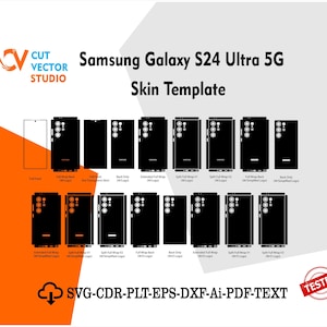 May include: A graphic template for a Samsung Galaxy S24 Ultra 5G skin, featuring various black outlines of phone components. The image includes the text "Samsung Galaxy S24 Ultra 5G Skin Template" and "SVG-CDR-PLT-EPS-DXF-Ai-PDF-TEXT". The Cut Vector Studio logo is in the upper left corner.