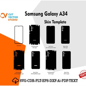 Puede incluir: Gráfico de una plantilla de piel para Samsung Galaxy A34. La imagen muestra varios diseños de piel negros para la parte delantera y trasera del teléfono, con texto que indica diferentes tipos de piel y la frase "SVG-CDR-PLT-EPS-DXF-Ai-PDF-TEXT". Un sello rojo "TESTED" está presente.