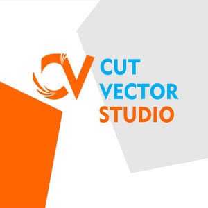 May include: A logo for Cut Vector Studio. The design features the letters "CV" in orange, with a stylized wing design. The text "CUT VECTOR STUDIO" is in blue and orange against a white and grey background.