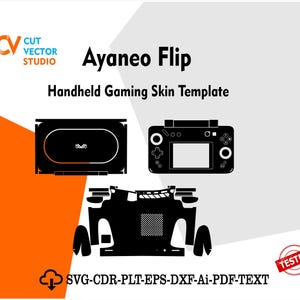 May include: Black and white template for an Ayaneo Flip handheld gaming skin. The image includes outlines of the device's components, including the top, front, and back. The text "Ayaneo Flip Handheld Gaming Skin Template" is displayed.