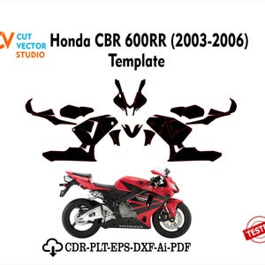 May include: A digital vector template for a Honda CBR 600RR (2003-2006) motorcycle, featuring black decal shapes arranged above a red and black motorcycle. The text reads Cut Vector Studio, Honda CBR 600RR (2003-2006) Template, and CDR-PLT-EPS-DXF-Ai-PDF.