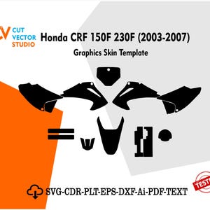 Könnte beinhalten: Schwarze Grafik-Skin-Vorlage für Honda CRF 150F 230F (2003-2007) Motorräder. Das Bild zeigt verschiedene ausgeschnittene Formen und den Text "CUT VECTOR STUDIO" und "SVG-CDR-PLT-EPS-DXF-Ai-PDF-TEXT". Ein roter "TESTED" Stempel ist sichtbar.