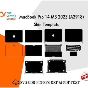 MacBook Pro 14 M3 2023 (A2918) Vektormallar Filskin Stansade Layouter