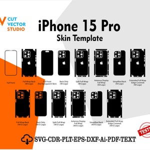 May include: Black iPhone 15 Pro skin template with different cut options, such as full wrap, back only, and antenna display. The image includes the text "iPhone 15 Pro Skin Template" and "Cut Vector Studio".
