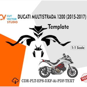 May include: A graphic featuring a black template design for a Ducati Multistrada 1200 (2015-2017) motorcycle. The design is accompanied by a 1:1 scale indicator and the text "Template". A white motorcycle is shown in the lower right.