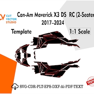 Può includere: Un modello nero e rosso per un Can-Am Maverick X3 DS RC (2 posti) dal 2017-2024. L'immagine include il testo "CUT VECTOR STUDIO", "Template", "1:1 Scale" e le opzioni di tipo di file: SVG-CDR-PLT-EPS-DXF-Ai-PDF-TEXT.