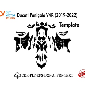 May include: A black vector template for a Ducati Panigale V4R (2019-2022) motorcycle, featuring various body panel shapes arranged centrally. The text reads Cut Vector Studio, Ducati Panigale V4R (2019-2022), Template, and CDR-PLT-EPS-DXF-Ai-PDF-TEXT.