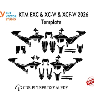 Op de afbeelding: Een zwart vector sjabloon voor KTM EXC, XC-W en XCF-W 2026 motorgraphics. De afbeelding toont diverse platte, zwarte silhouetvormen die kuipdelen vertegenwoordigen, met de tekst CUT VECTOR STUDIO, KTM EXC & XC-W & XCF-W 2026 Template, TESTED en CDR-PLT-EPS-DXF-Ai-PDF.
