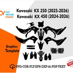 Può includere: Un modello grafico nero per moto Kawasaki KX 250 (2025-2026) e KX 450 (2024-2026). L'immagine include il logo Cut Vector Studio, le parole "Graphics Template" e informazioni sul tipo di file. Un timbro rosso "Tested" è nell'angolo.